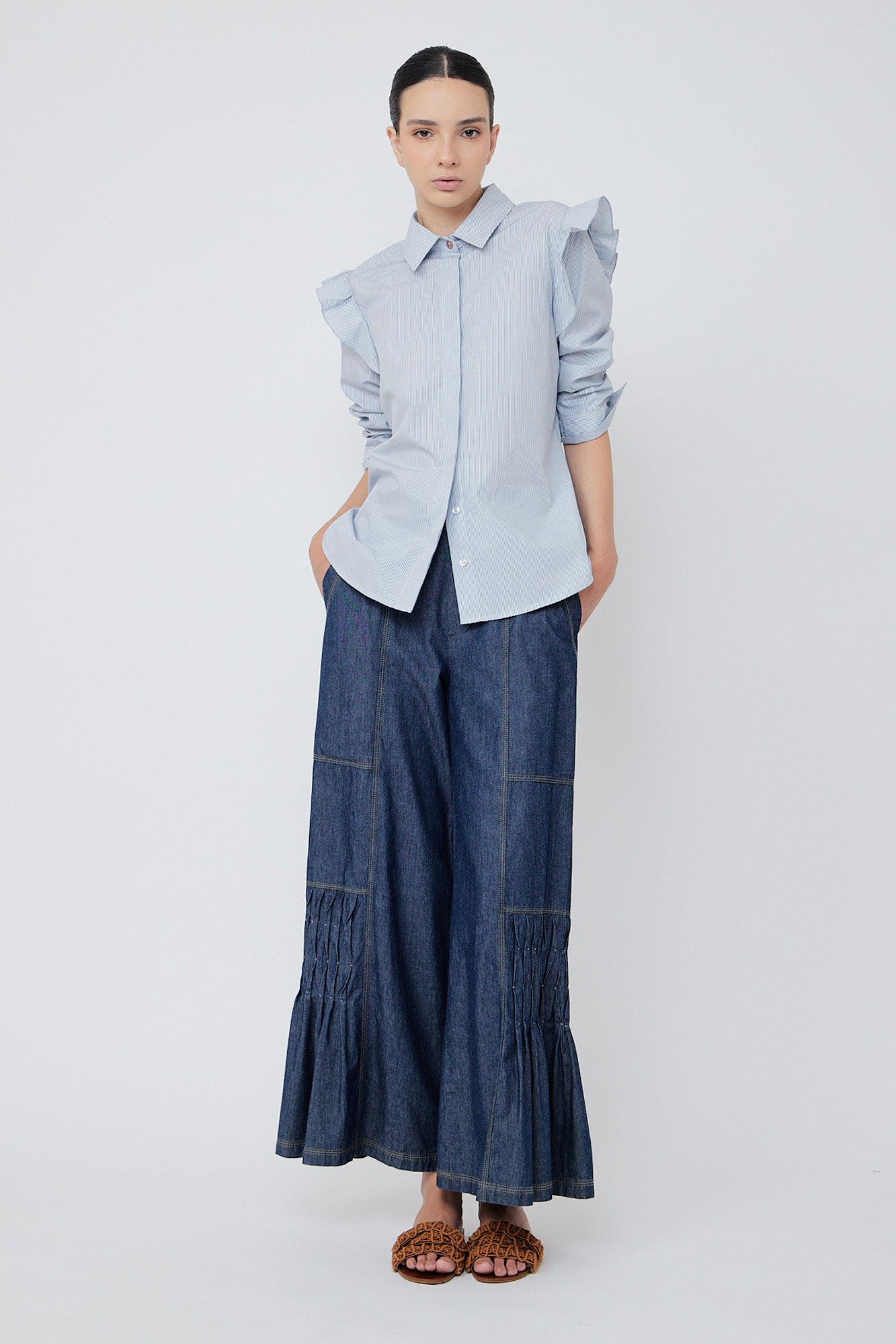 Bobi Ruffle Detail Striped Blouse