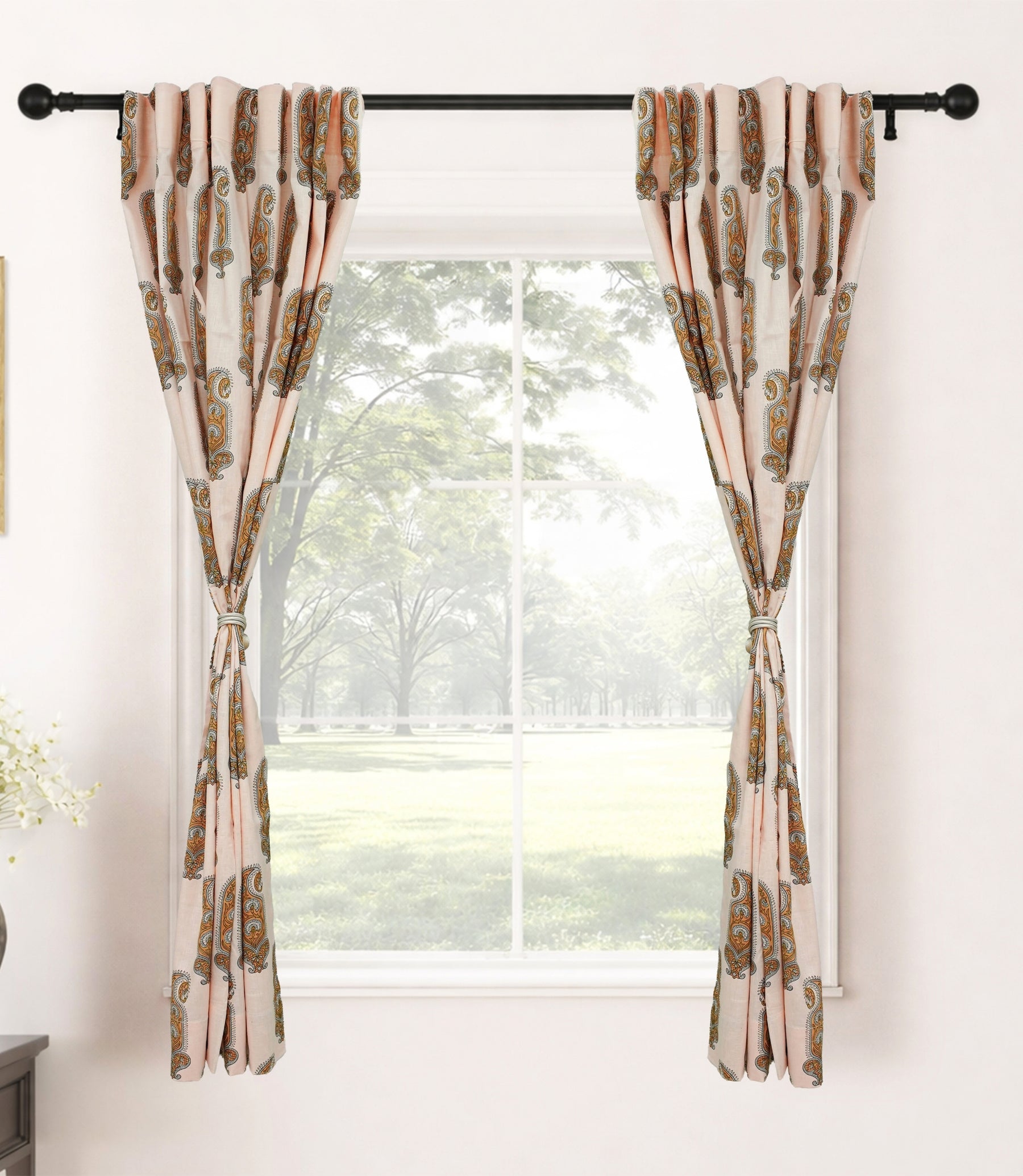 Handmade Yellow Floral Block Print Linen Curtain Boho Window Drape Panel - Namokar