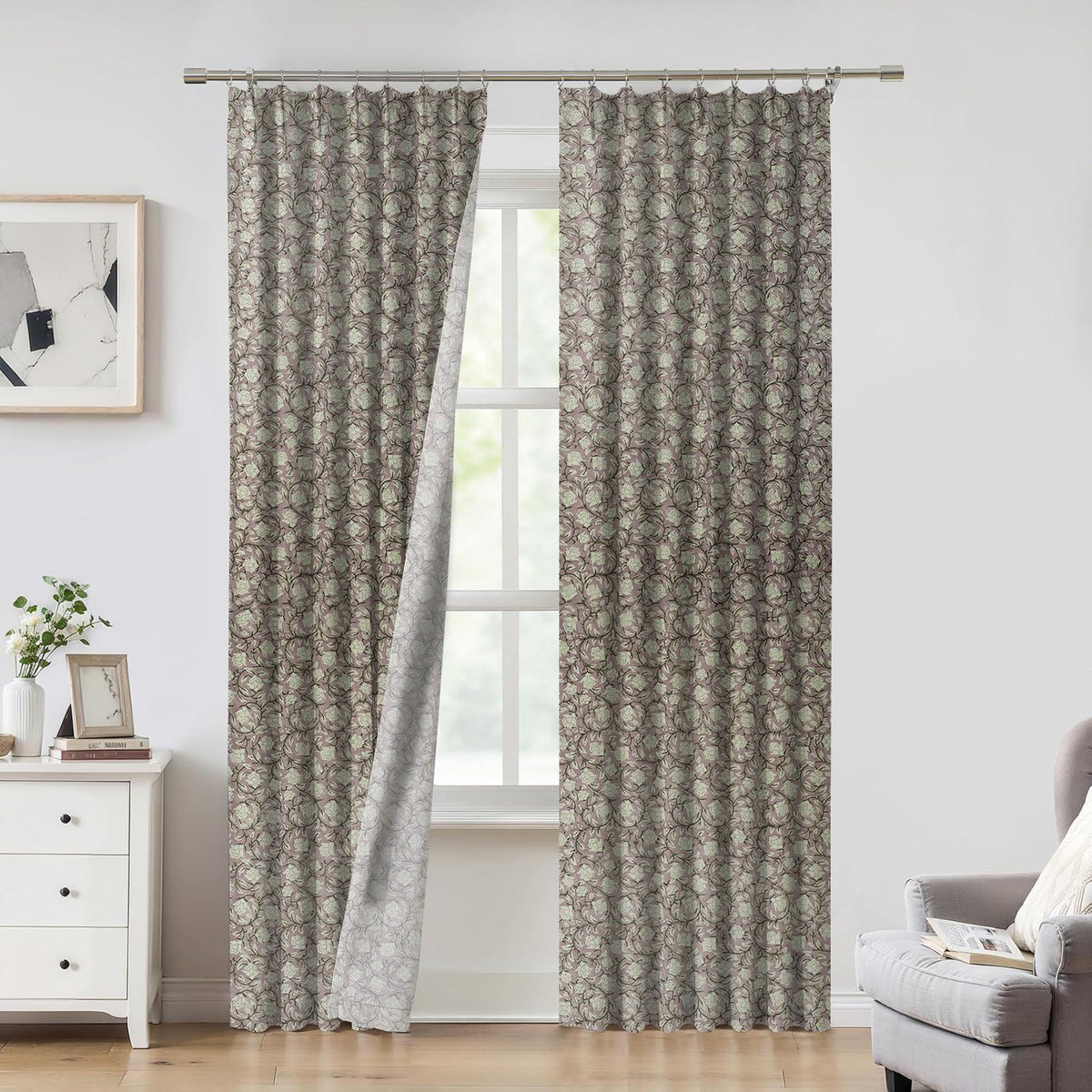 Floral Hand Block Print Thick Linen Pleated Curtain - Amritvela