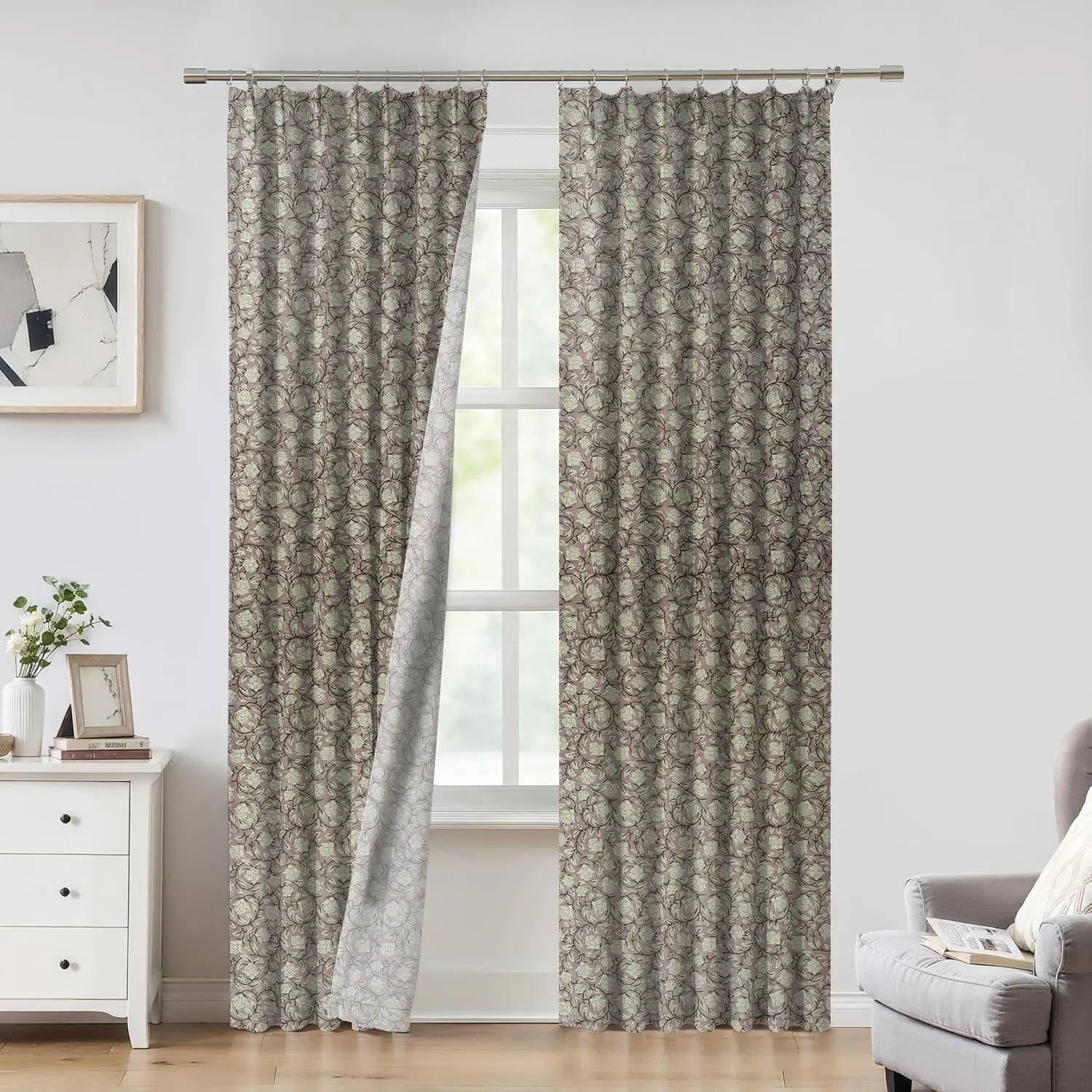 Floral Hand Block Print Thick Linen Pleated Curtain - Amritvela