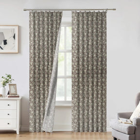 Floral Hand Block Print Thick Linen Pleated Curtain - Amritvela