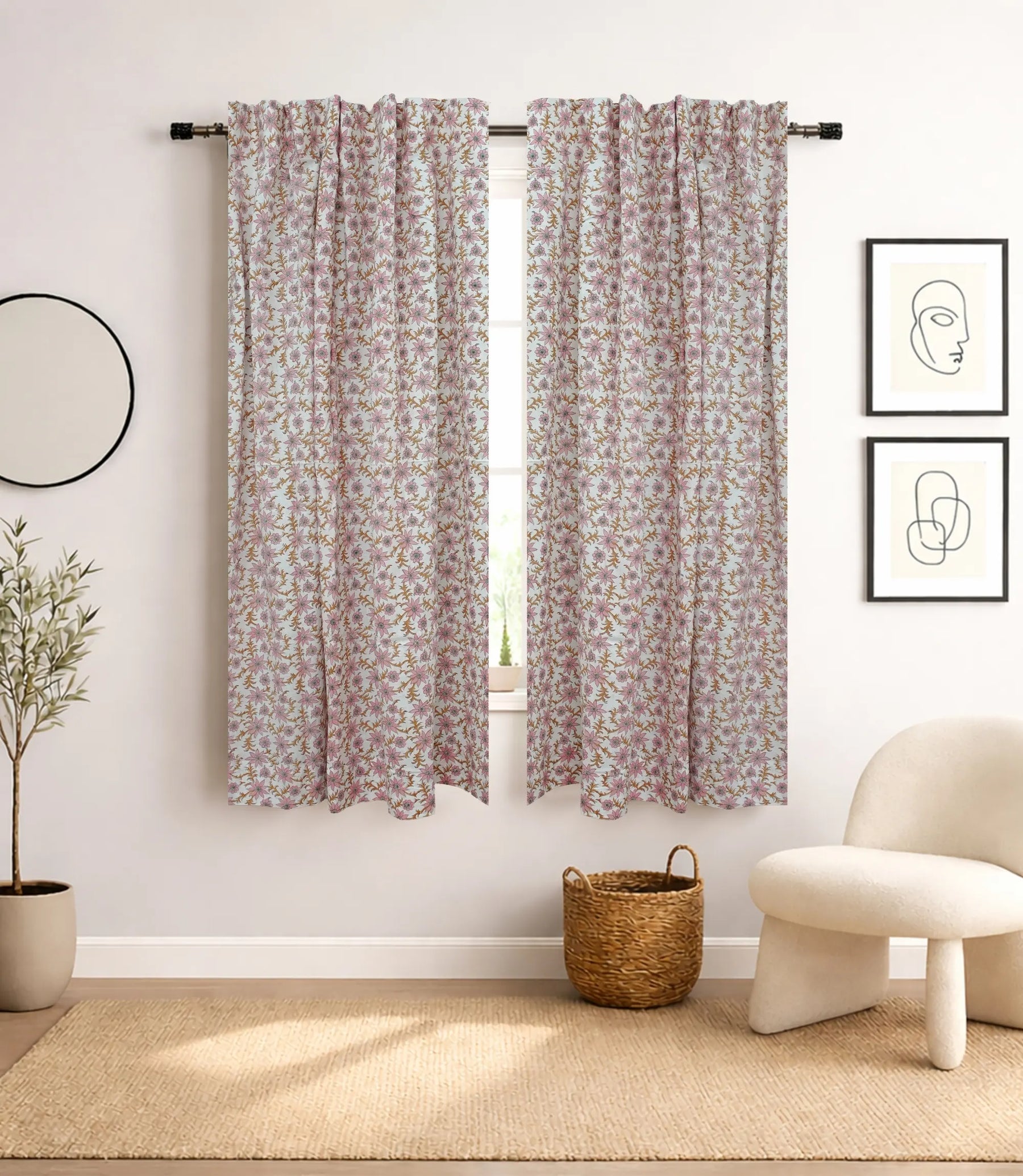 Saanjh Handcrafted Floral Block Print Linen Curtain
