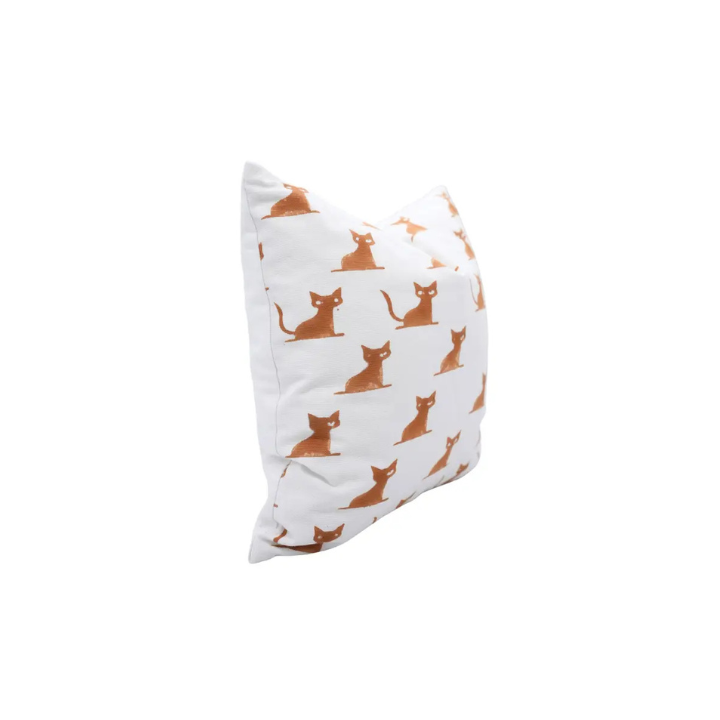 Unique Hand-Carved  Block Print Thick Cotton White Pillow Cover  - Cat