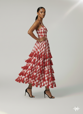Amira Luxe Gingham Corset Dress with tassels