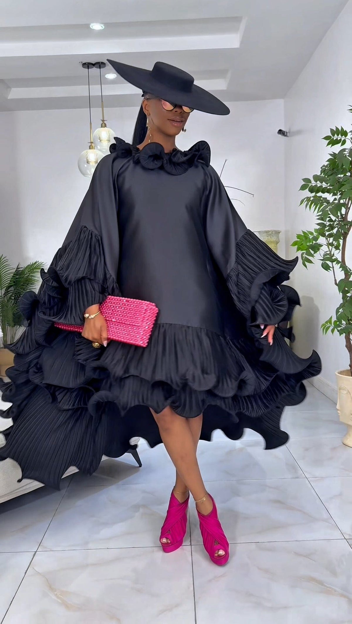 Kai Short Boubou silk frill Dress (black)