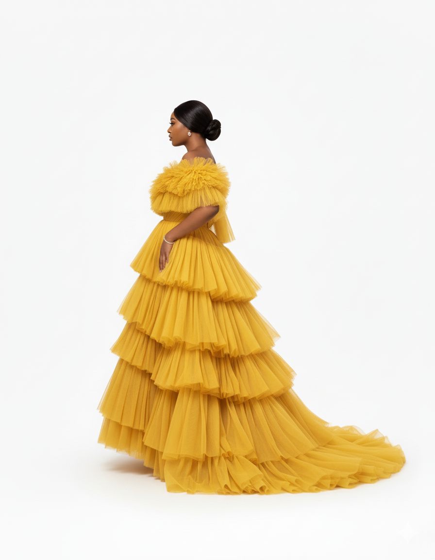 Aurelia Golden Tiered Tulle Off-the shoulder Gown
