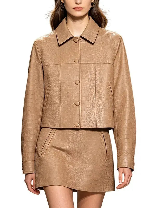 Croc-Embossed Genuine Sheep Leather Two-Piece Set