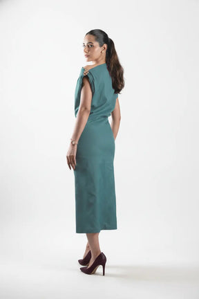 Sea-green One-shoulder Draped Midi Dress