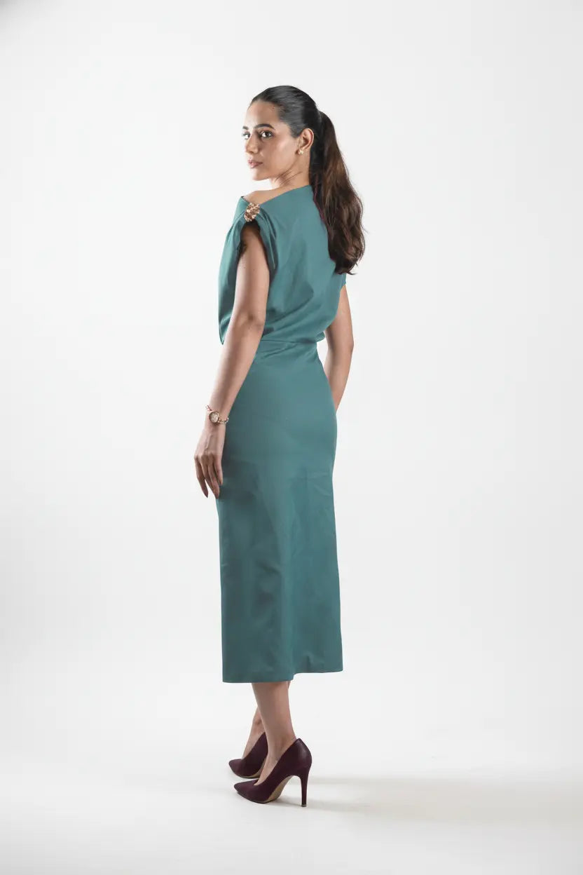 Sea-green One-shoulder Draped Midi Dress
