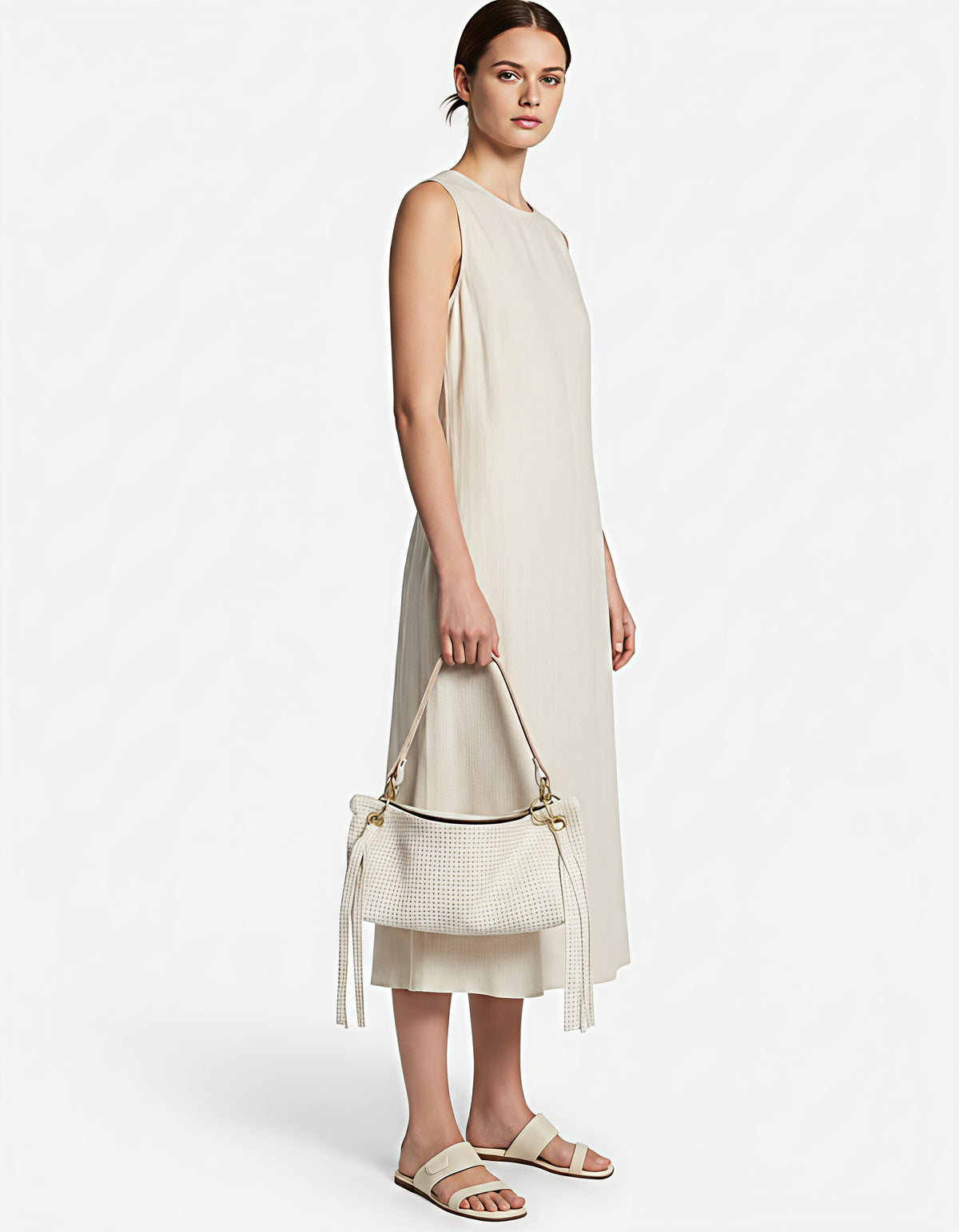 Blair-east West Shoulder Bag, Cream Embossed Leather/tassels