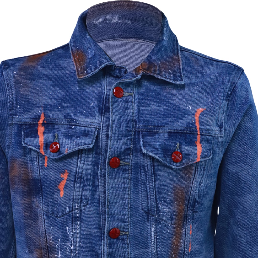 Blue denim jacket with modern car print