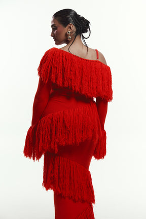 IGHO Sequin Fringe Maxi Dress in RED