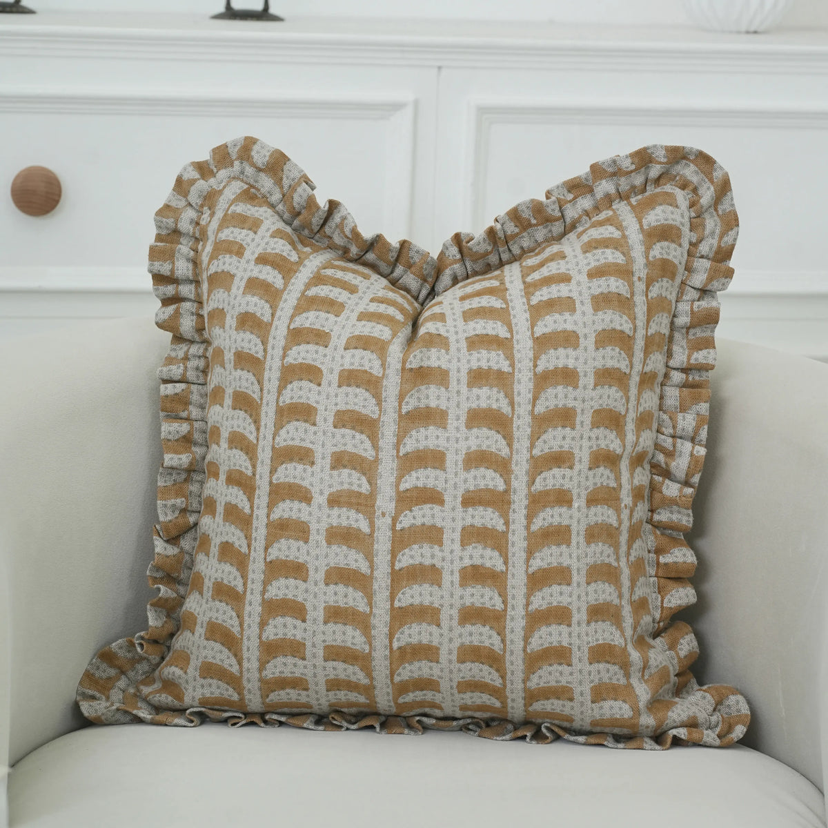 Boho Block Print Brown Thick Linen Frill Cushion Cover - Garud