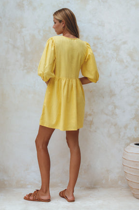 Beatrice Puff Sleeve Linen Mini Dress - Pineapple