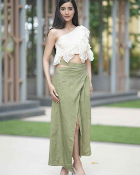 Yellow Ruffle Top With Olive Skirt