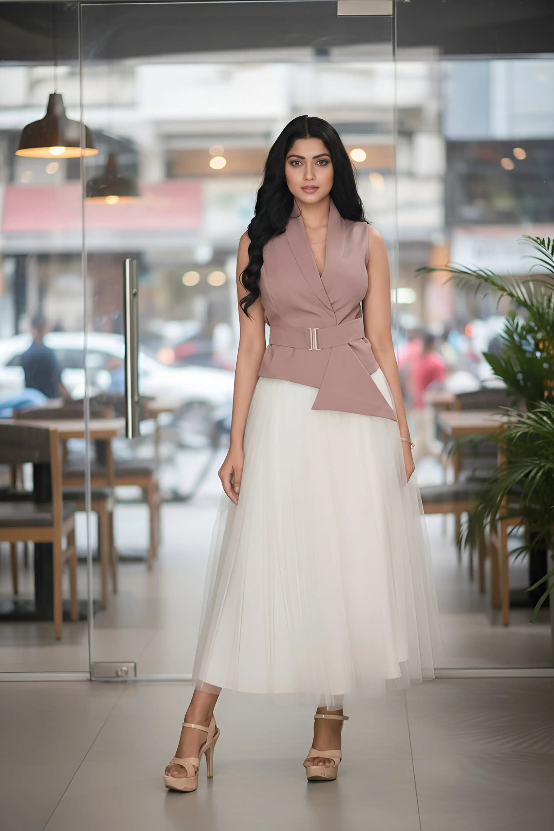 Ivory Skirt & Salmon Pink Waist Coat - Chic Harmony