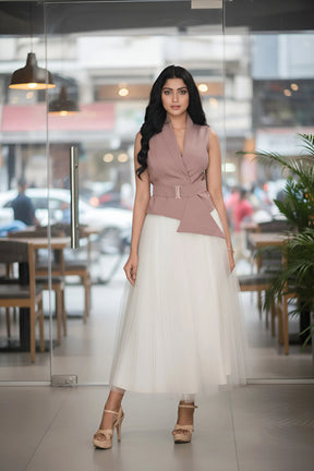 Ivory Skirt & Salmon Pink Waist Coat - Chic Harmony
