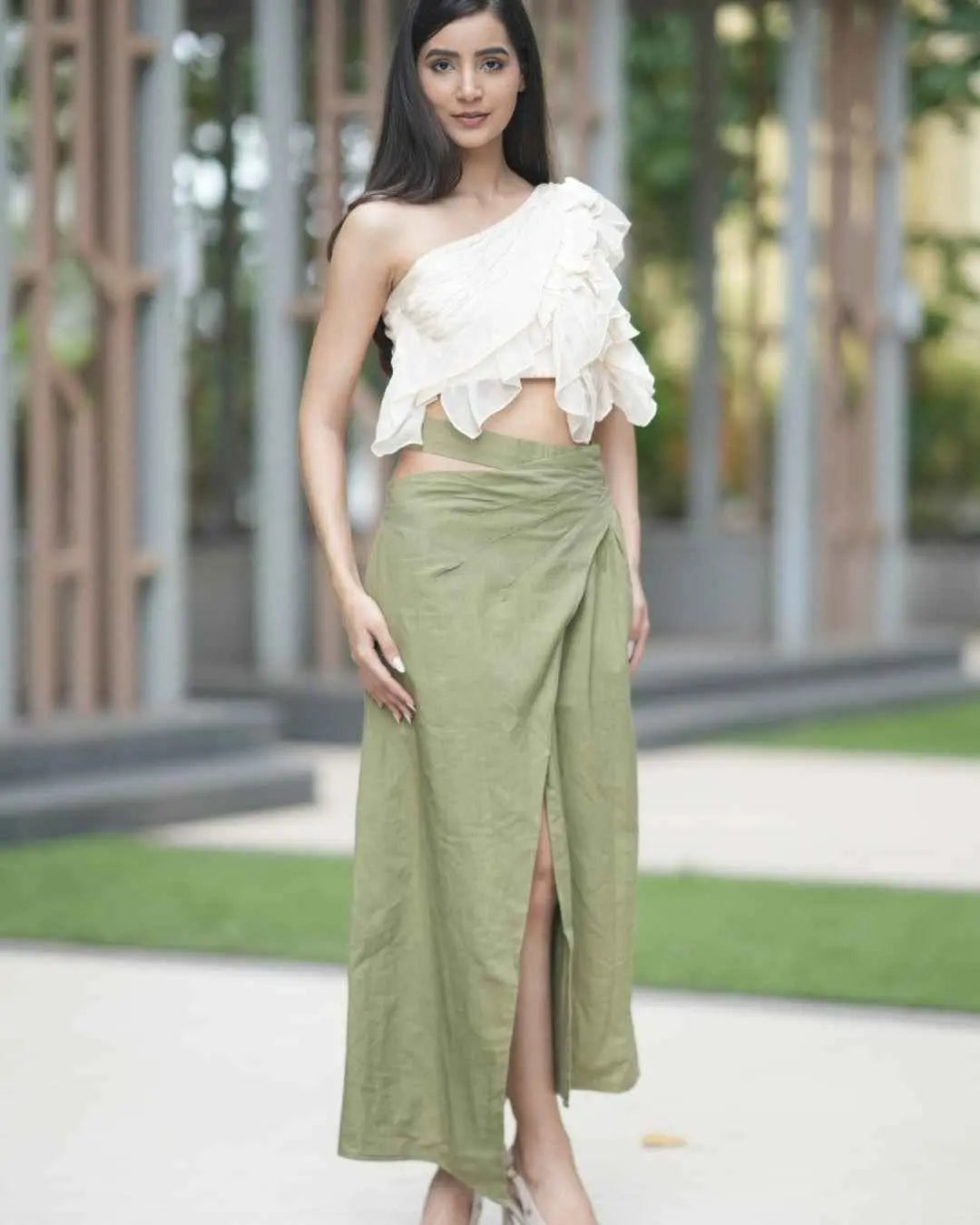 Yellow Ruffle Top With Olive Skirt