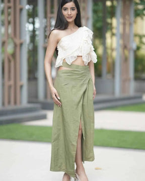 Yellow Ruffle Top With Olive Skirt