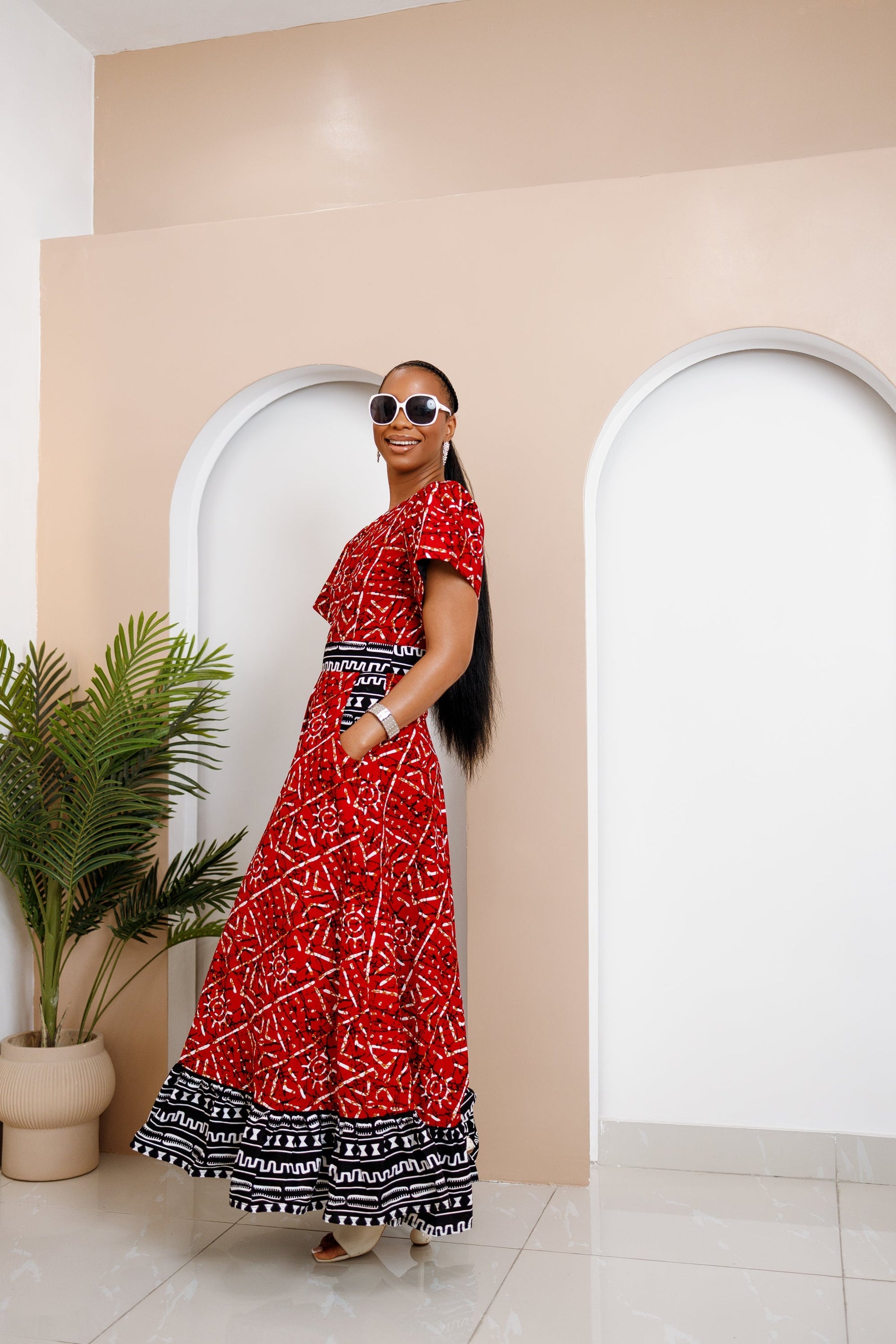 Obataobie Red Ankara Maxi Dress – Bold African Elegance