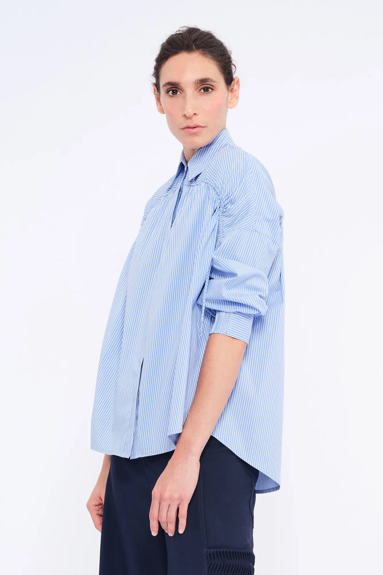 Star Gathered Shoulder Blouse | Striped Light Blue