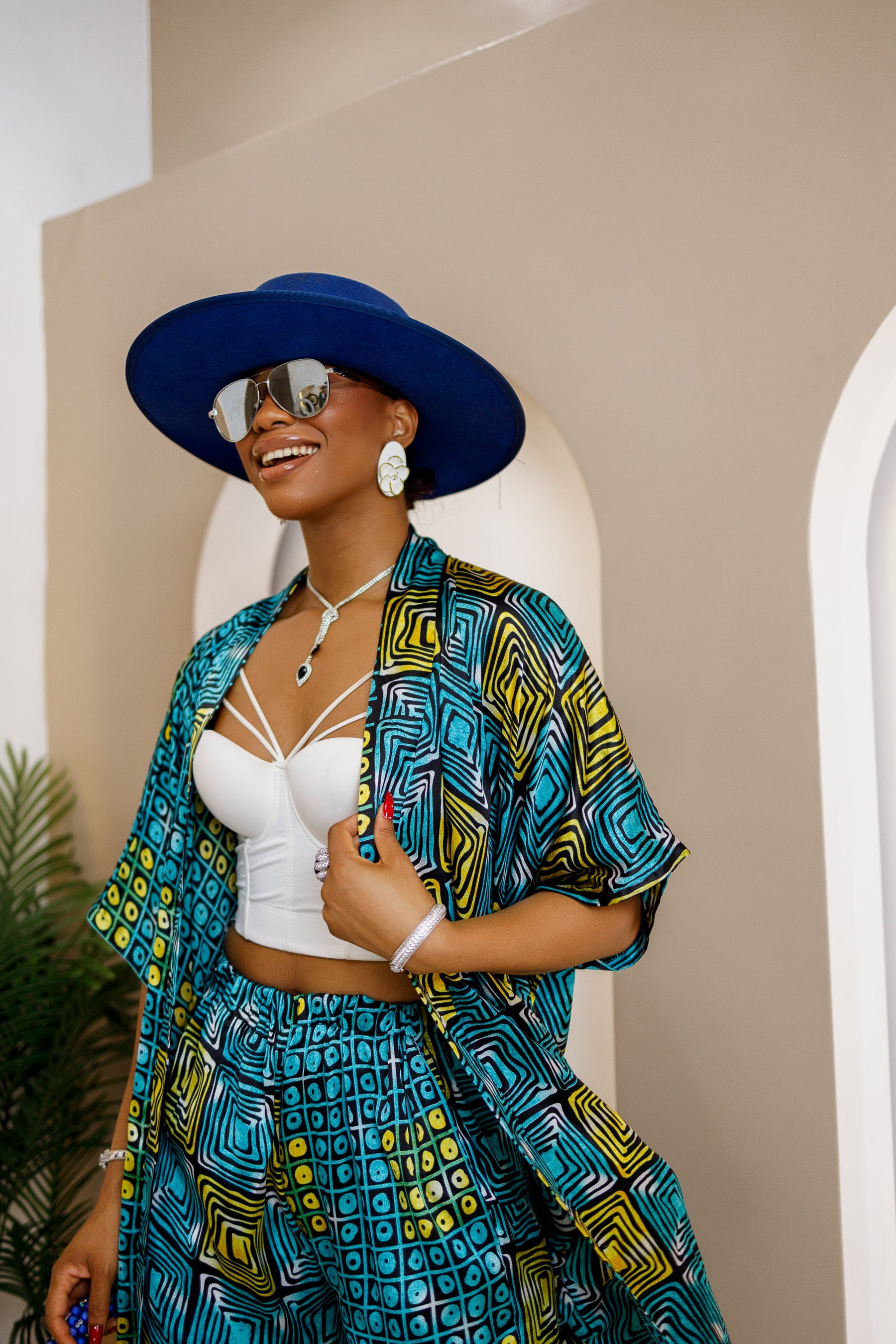 Aniobi Ankara Silk Co-ord Set – Chic African Kimono & Wide-Leg Trousers
