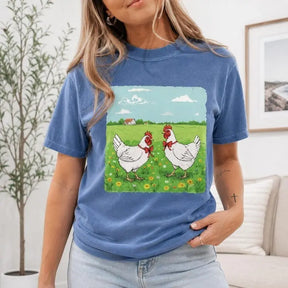 Vintage Farm Chickens In Flower Field Graphic T-Shirt |