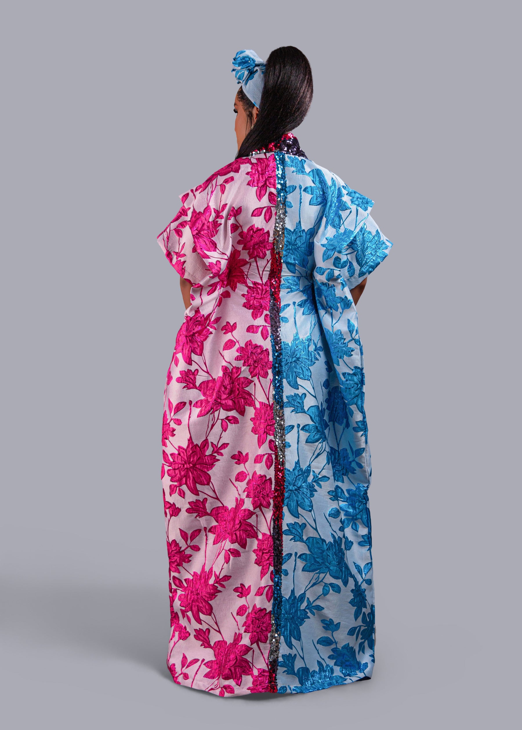 Zenzele Pink and Blue Floral Brocade Kimono Boubou.