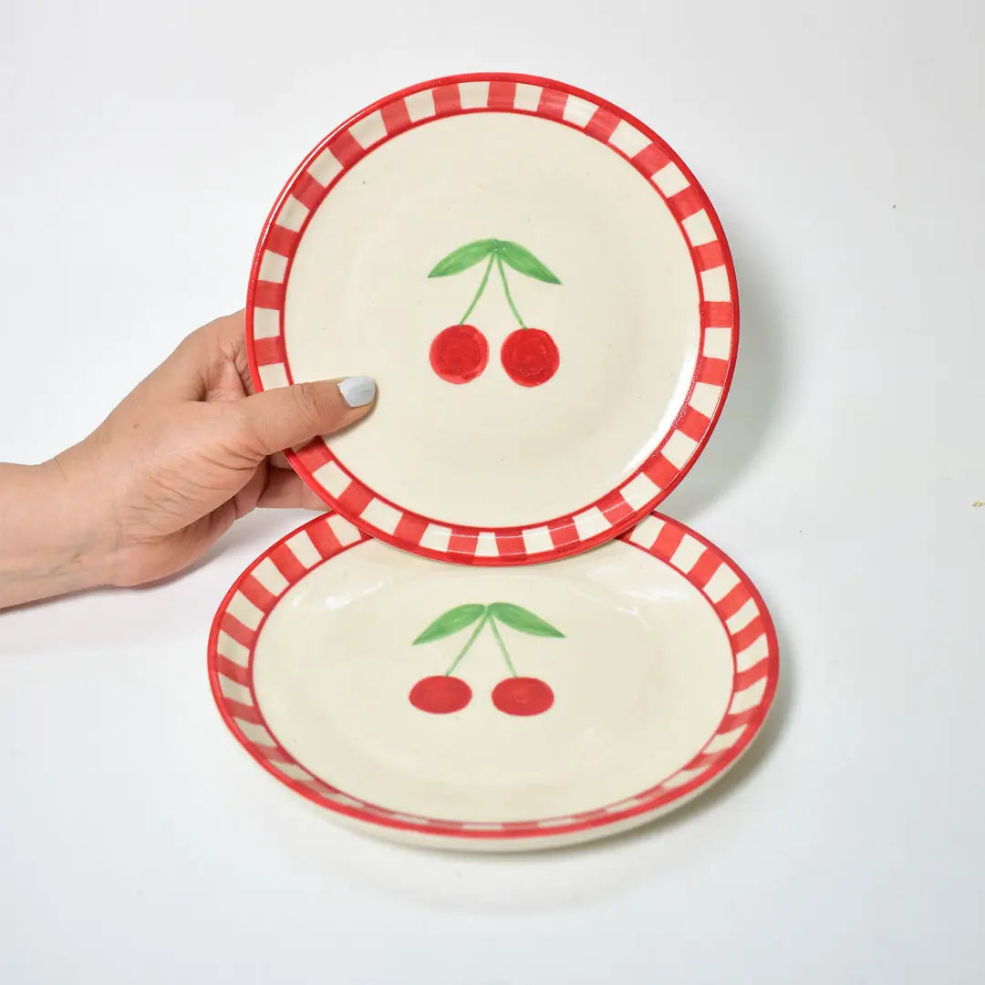 Ceramic Cherry Dessert Plate - Red , 7 Inches (Set of 2)
