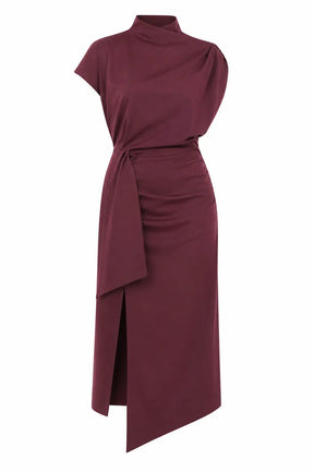 Wine One-shoulder Draped Midi Dress