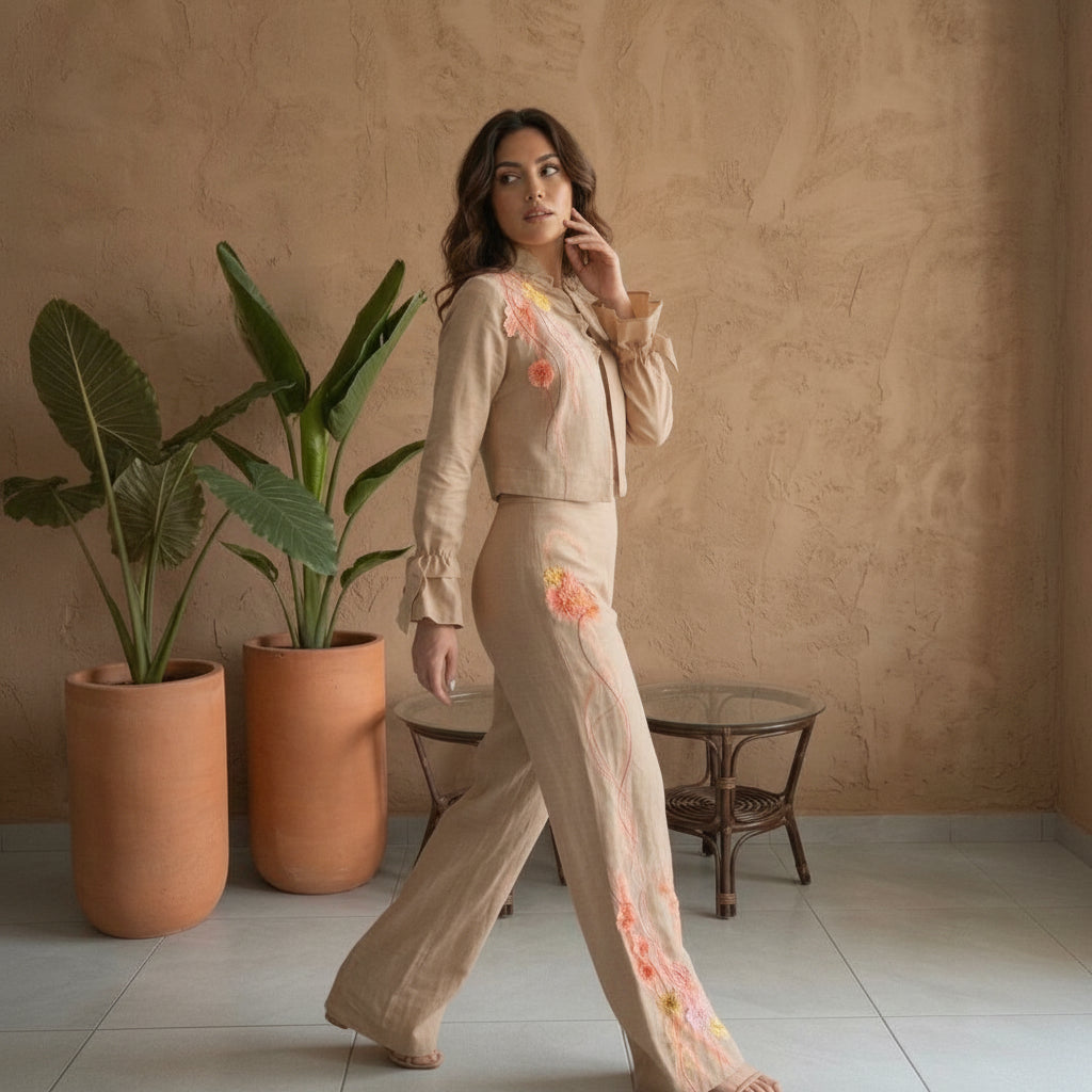LINAJE - Hand-Embroidered Linen Jacket and Trousers Set