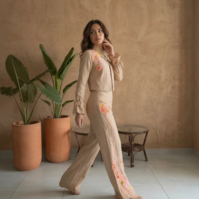 LINAJE Hand by PASALUMAC -Embroidered Linen Two-Piece Set – Cropped Jacket & Wide-Leg Trousers