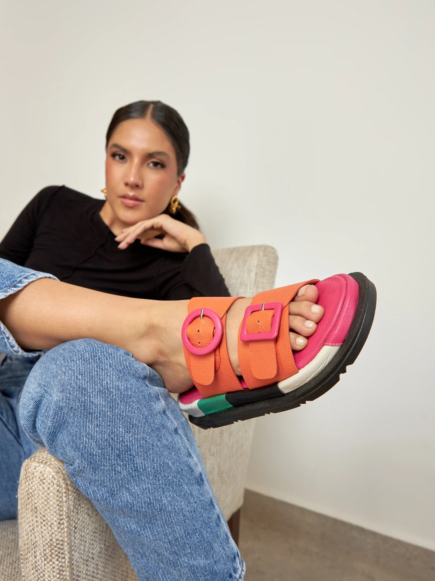 Allegra Orange Colorblock Leather Flat Sandals