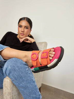 Allegra Orange Colorblock Leather Flat Sandals