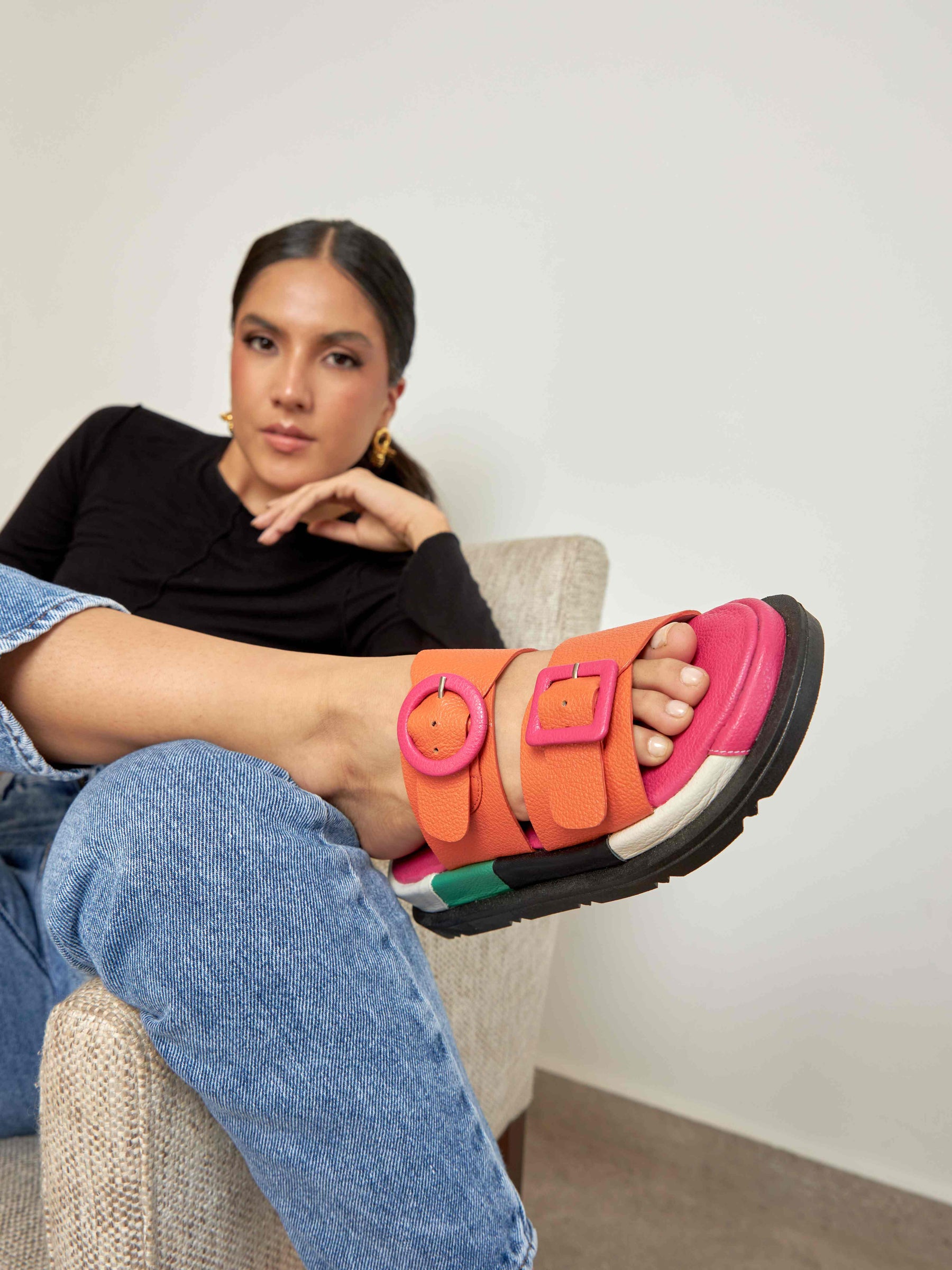 Allegra Orange Colorblock Leather Flat Sandals