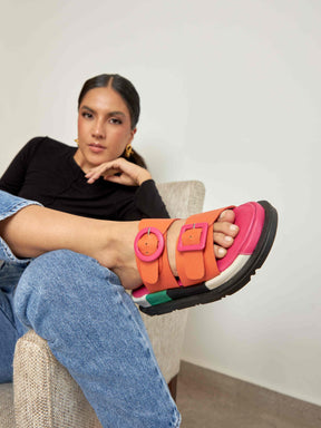Allegra Orange Colorblock Leather Flat Sandals