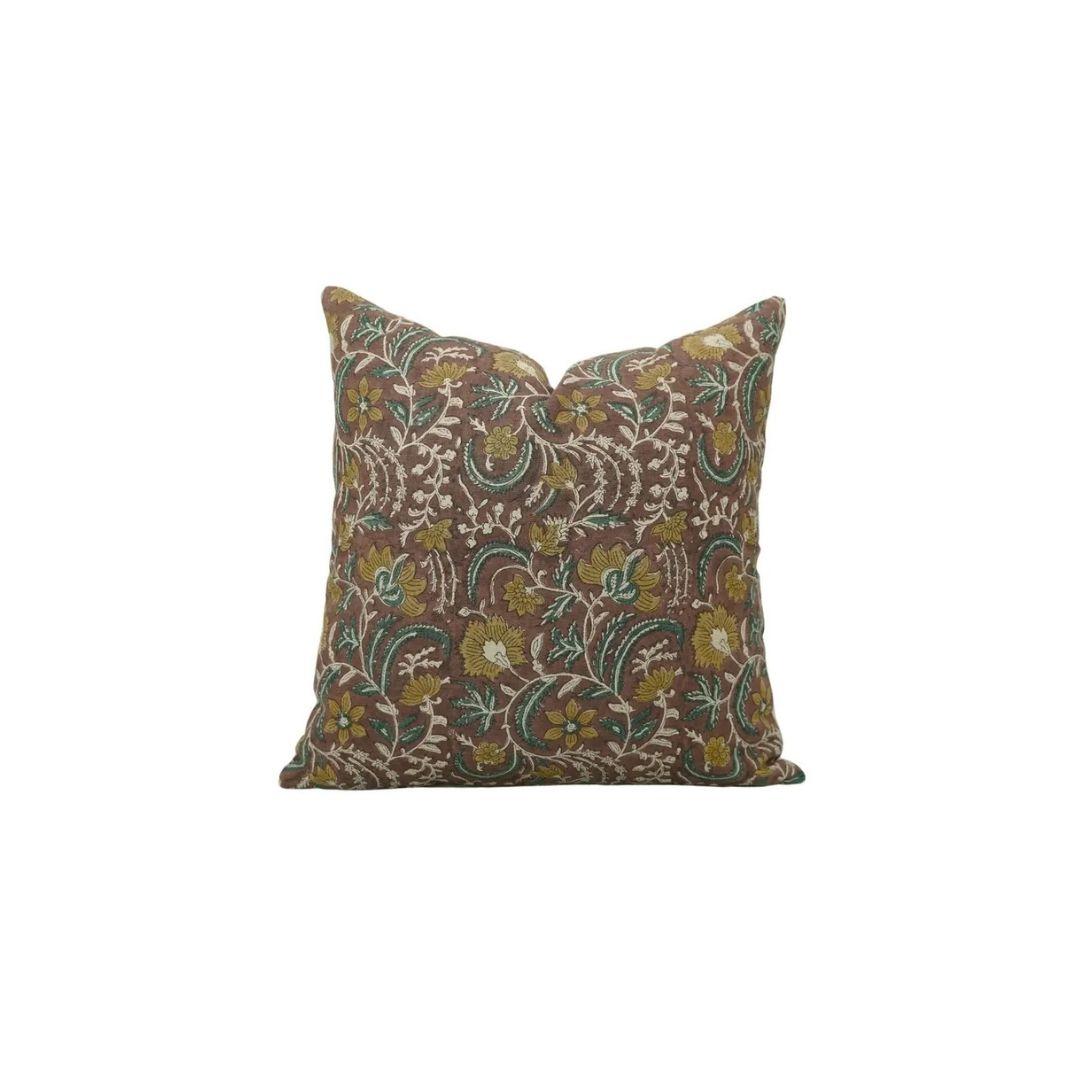 Floral Hand Block Print Boho Pure Linen Pillow Cover- Kundanvan