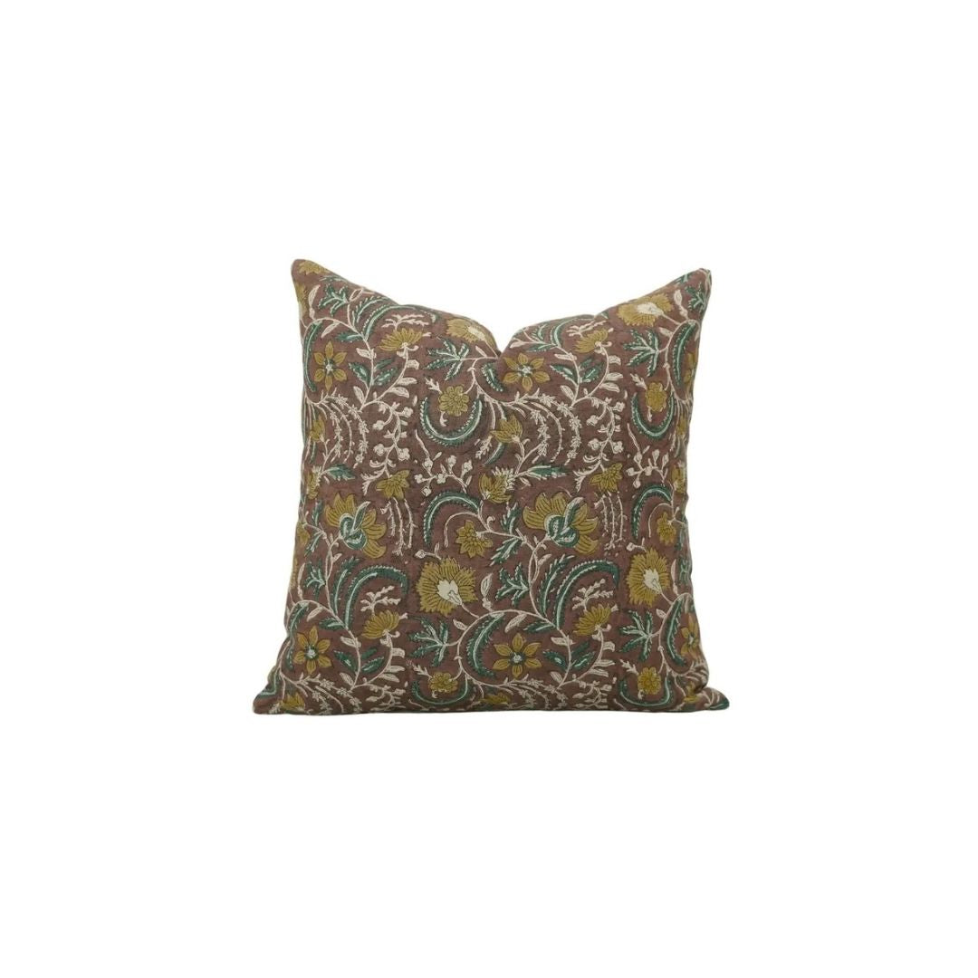 Floral Hand Block Print Boho Pure Linen Pillow Cover- Kundanvan
