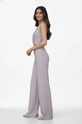 Salmon Pink Halter Jumpsuit – Gold Brooch