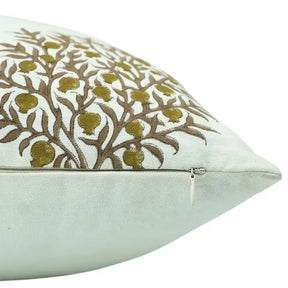 Floral Handmade Block Printed Thick Cotton White Pillow Cover - Anar