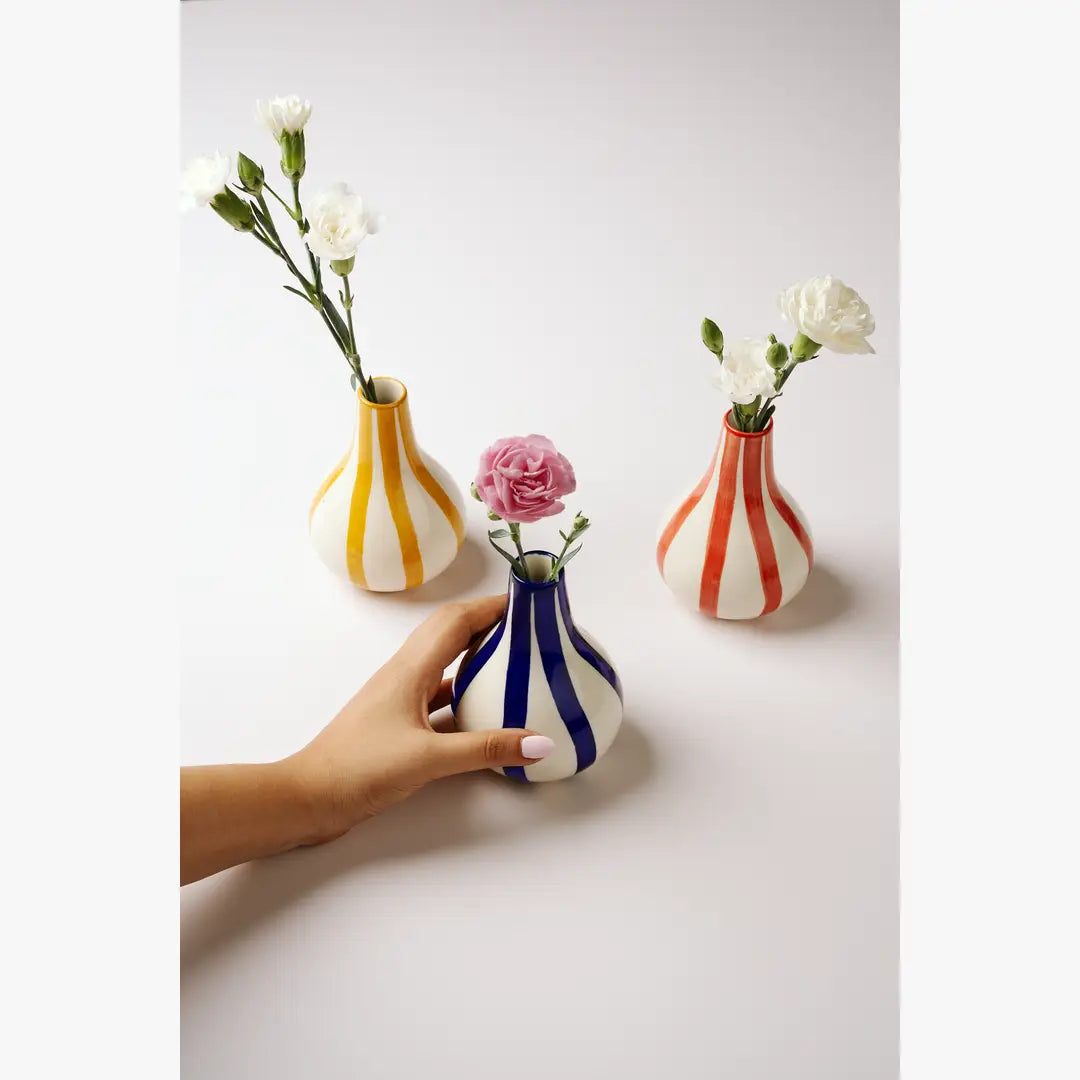 Ceramic Stripe  bud vase, Red- 3.5 x 3.5 x 4.75 Inches