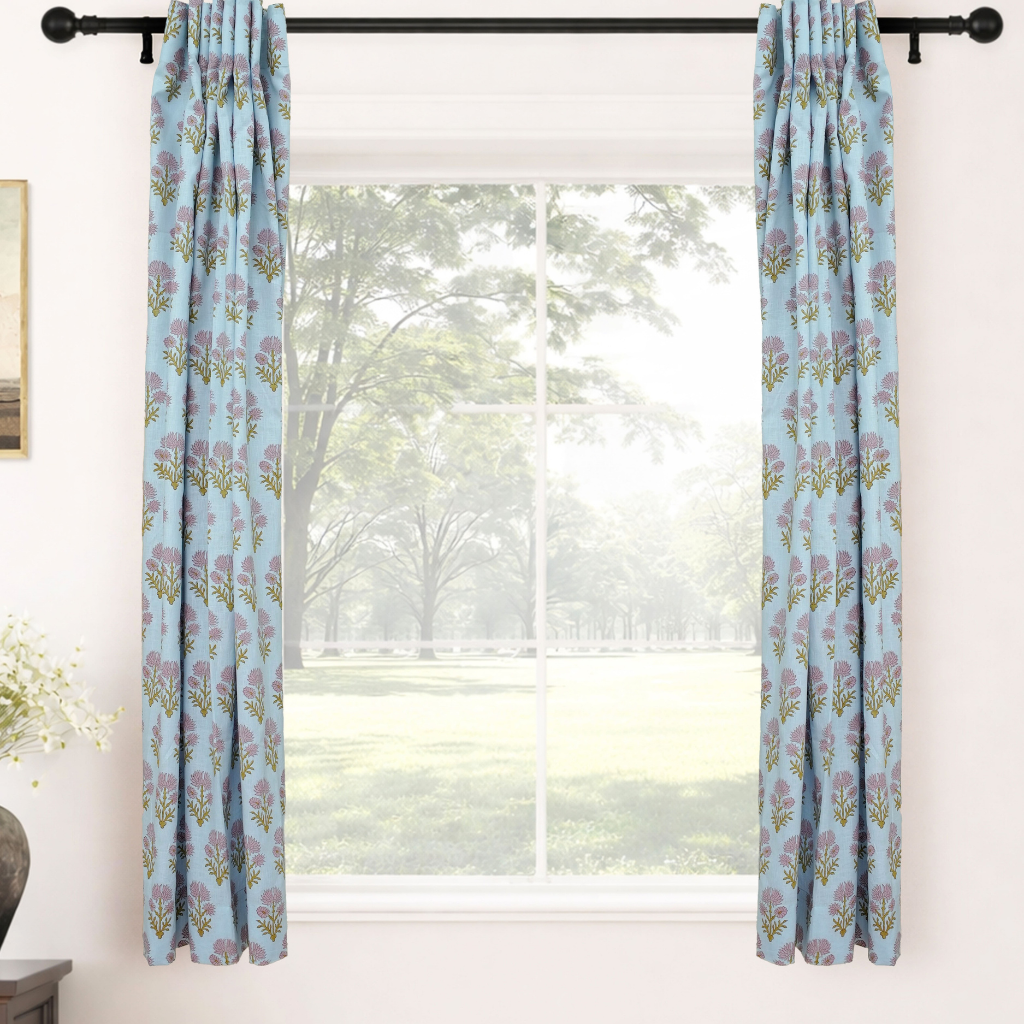 Handmade Pink & Green Floral Block Print Linen Curtains – Juhi Boho Living Room Drapes