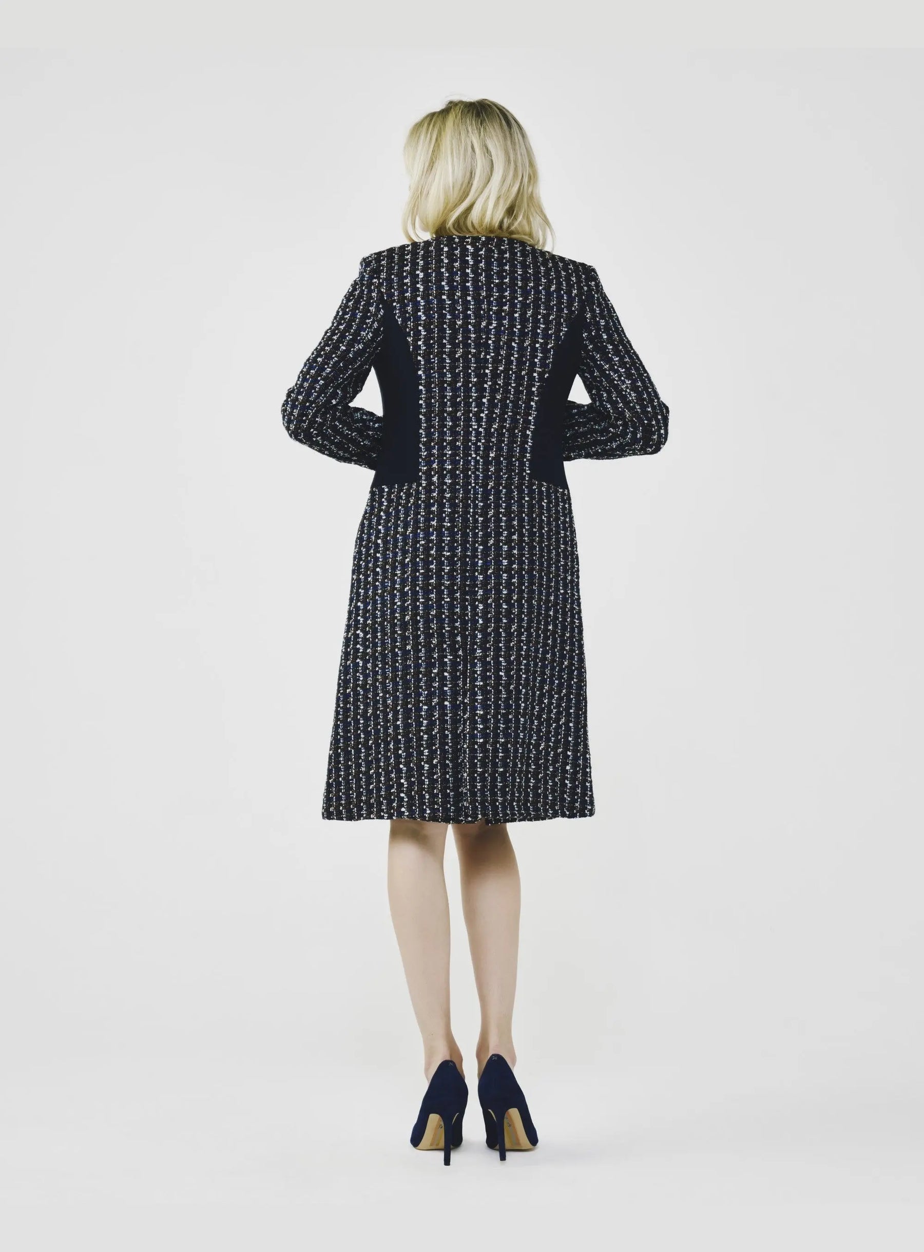 Paneled No-Collar Tweed Coat