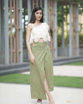 Yellow Ruffle Top With Olive Skirt