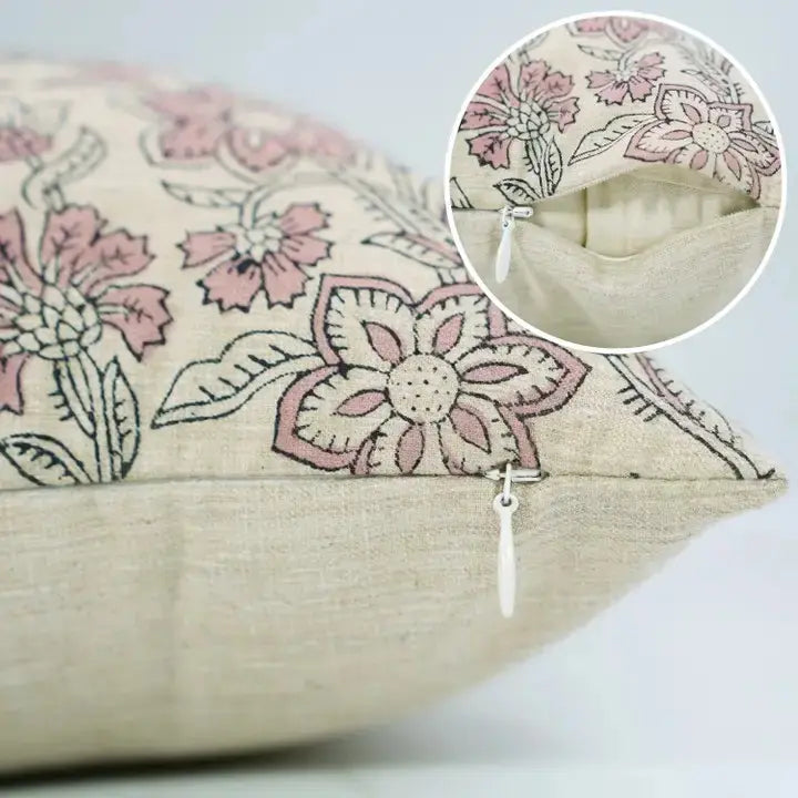 Natural  Block Print Linen Blend Pillow Cover - Jarul