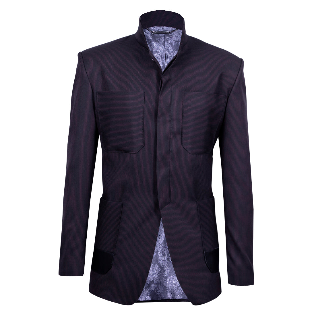 Black blazer with wine red stripes and button covers