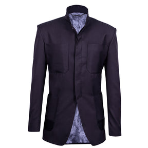 Black blazer with wine red stripes and button covers
