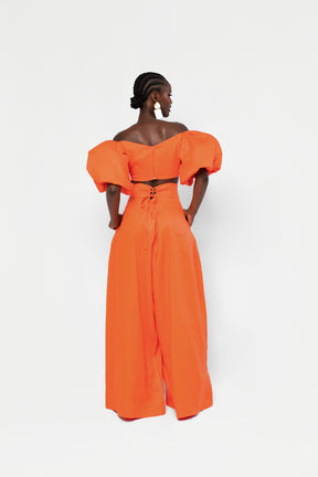 Linen SKYE Puffy Sleeve Crop Top in Orange
