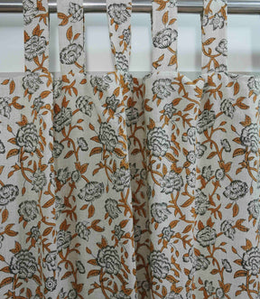 Artisan Block Print Curtains Yellow Floral Linen Semi Sheer | Mrignayani