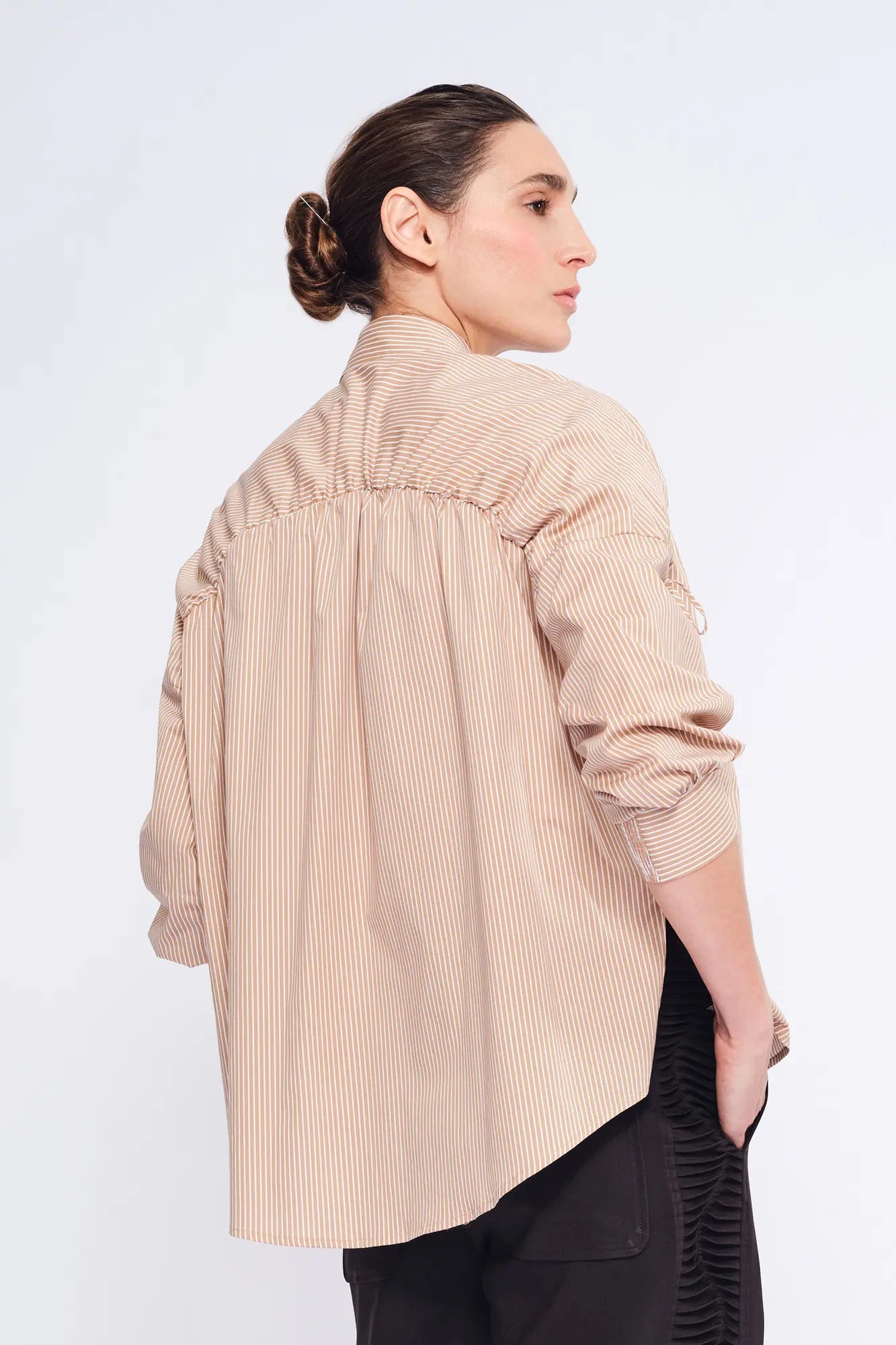 Star Gathered Shoulder Blouse | Striped Camel